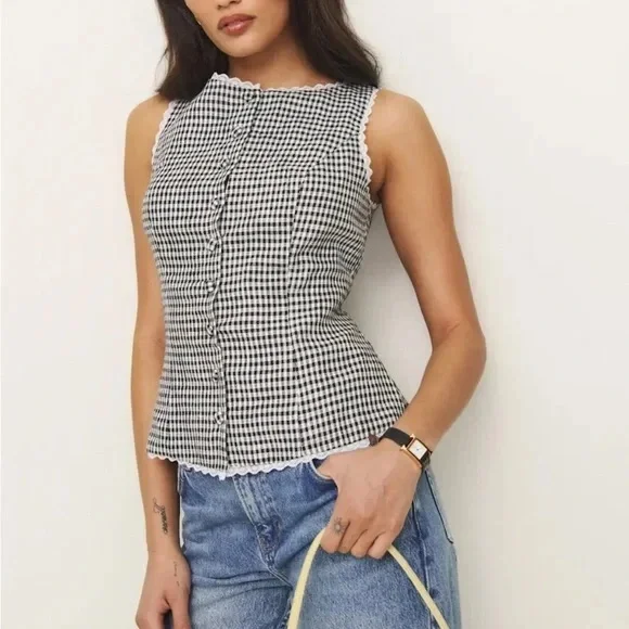 Reformation Amela Linen Top Remy Check
Gingham Black White - Picture 1 of 15